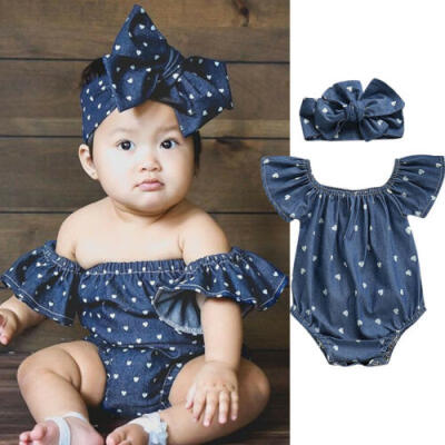 

Newborn Kid Baby Girl Denim Blue Cotton 2pcs Outfits Romper Bodysuit Clothes Set