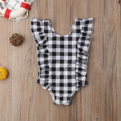 

UK Newborn Baby Girl Swimwear Ruffle Plaid Romper Jumpsuit Sunsuit Outfit Summer