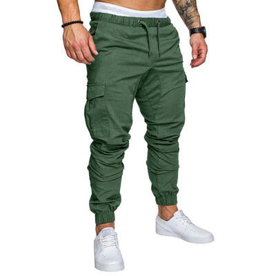 

New Fashion Slim Solid Color Pocket Decoration Men Casual Pencil Drawstring Pants Trousers Designer Joggers