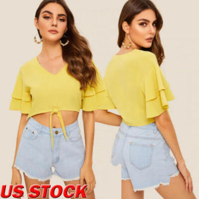 

US Women Loose Short Sleeve Chiffon Casual Blouse Shirt Tops Fashion Summer