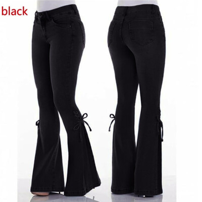 

〖Follure〗Women Summer Elastic Plus Loose Denim Bow Casual Boot Cut Pant Jeans