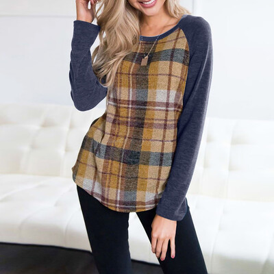 

Starmoon Women Casual Plaid Print Shirt Long Sleeve Round Neck Blouse Loose Tops