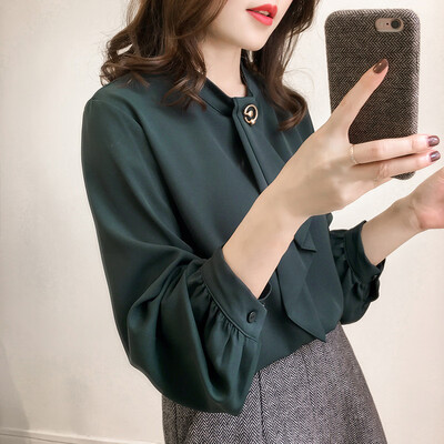 

Fashion Women Long Lantern Sleeve Blouse Ladies Office OL Work Plain Shirt Tops