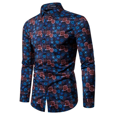 

Toponeto Mens Ethnic Style Vintage Printing Slim Long Sleeve Dress Shirt Blouse Tops