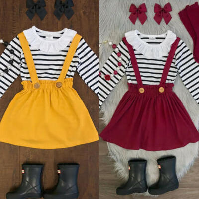 

US Stock Kids Baby Girl Ruffle Striped TopTutu Dress Suspender Skirt Outfit Set