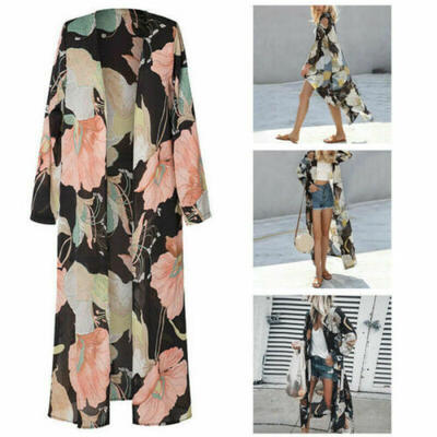 

Boho Women Floral Long Sleeve Kimono Cardigan Beach Tops Bikini Cover Up Shirt