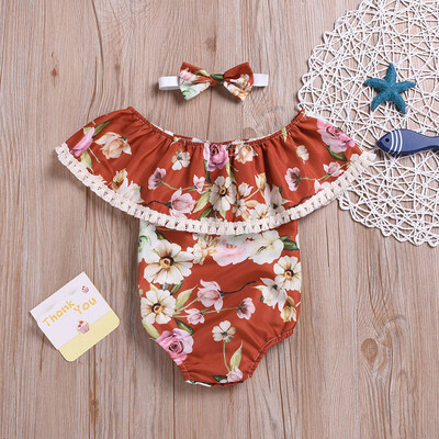 

Summer Baby Girls Ruffles Floral Print Romper Bodysuit JumpsuitHeadband Outfits