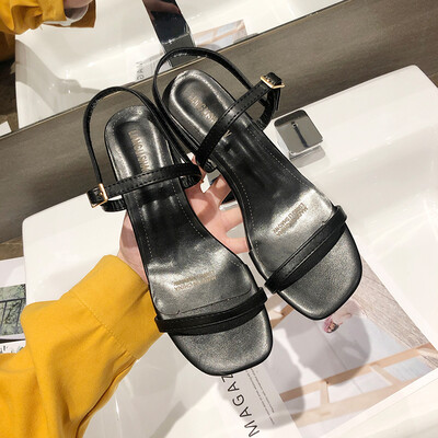 

Summer Korean version of ribbon buckle open toe thick heel chic 100 sets of black sandals