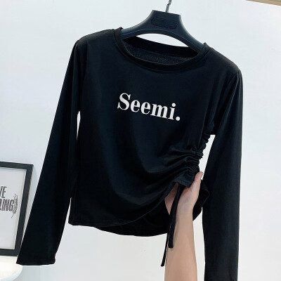 

Womens Round Neck Slim Blouse Tops Long Sleeve Letter Print Drawstring T-Shirts