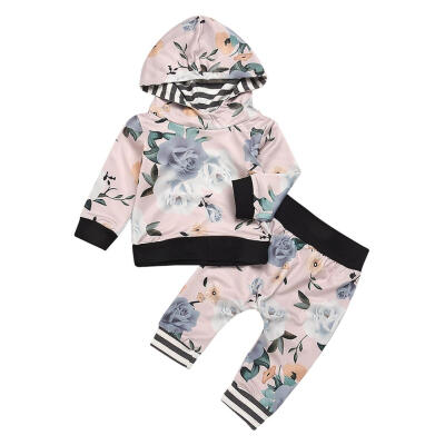 

2pcsSet Newborn Baby Autumn Fashion Floral Print Hoodies Elastic Pants