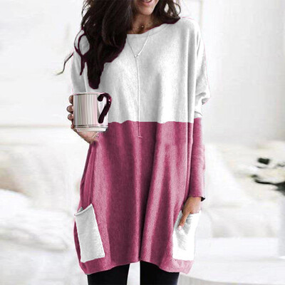 

Ladies Round Neck Long Sleeve Loose Jumper Tops Pockets Color Block Party Shirts