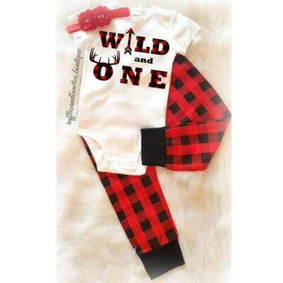 

3pcs Newborn Baby Boy Girl Christmas Check Romper TopsLong Pants Outfits Set US