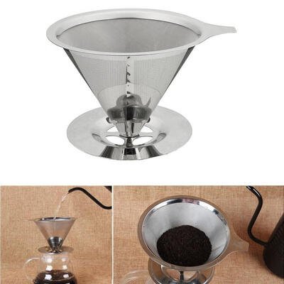 

Stainless Steel Pour Over Cone Dripper Reusable Coffee Filter w Cup Stand TG