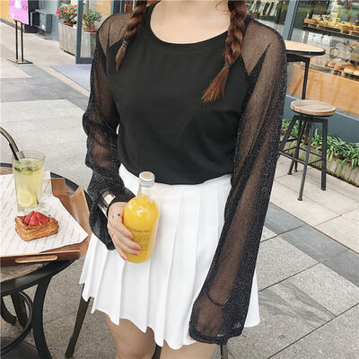 

Autumn Women T Shirt See Sexy Through Transparent Mesh Tops Long Sleeve Sheer Slim Ladies Patchwork Sleeve White Black Solid