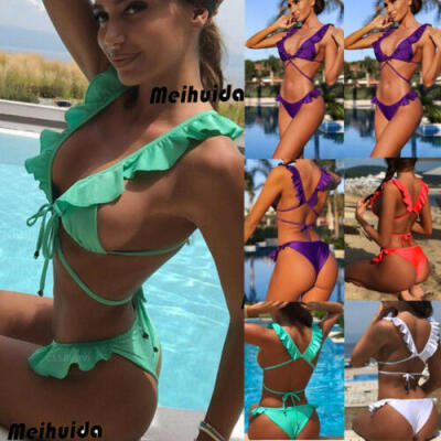 

UK Brazilian Swimwear Swimsuit Halter Bikini Bathing Suit Triangle Tankini Frill