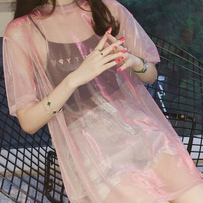 

Women See through Top Sheer Mesh Blouse Long Sleeve Crop Top Glitter T-Shirt