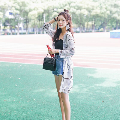 

Summer Sweet Womens Blouse Mid-Length Chiffon Print Leafy Sun Protection Clothing Seven-Point Sleeve College Cardigan