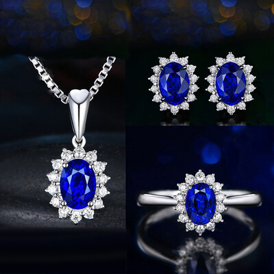 

4pcsset Luxury Sapphire Princess Crown Necklace Set