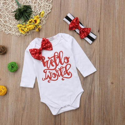 

US Newborn Baby Girl Sequin Bowknot Romper Jumpsuit Headband Outfit Clothes 0-2T