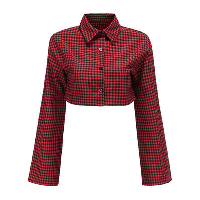 

Fashion Women Casual Plaid Blouses Crop Tops Sexy Long Sleeve Daily Shirt