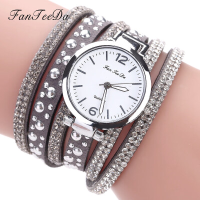 

FanTeeDa Multi Layers Women Quartz Bracelet Watch PU Leather Weave Wrap Crystal Wristwatch Jewelry Gifts 533