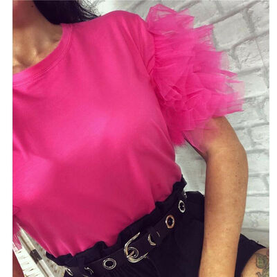 

Women Summer Mesh Tulle Ruffle Short Sleeve T Shirt Ladies Loose Casual Blouse Top