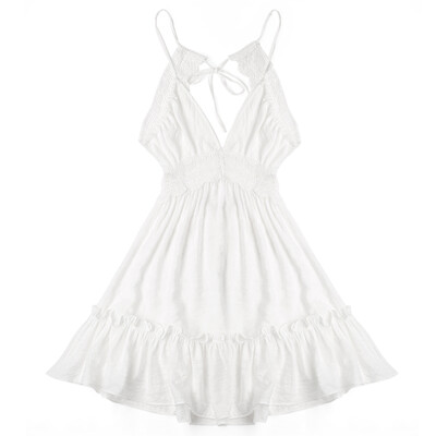 

Sexy Plunge Neck Spaghetti Strap Backless Lace Spliced Women Dress
