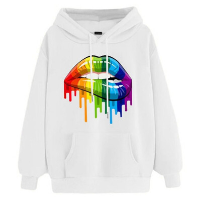 

Autumn Winter Fashion Casual Women Rainbow Candy colors Lip print Loose Hooded Long sleeve Sweatshirt