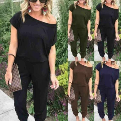 

USA Womens Off Shoulder Playsuit Bodycon Short Sleeve Jumpsuit Romper Trousers