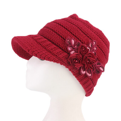 

Women Warm Wool Hat Winter Flower Sequin Cap Crochet Knit Beanie Brim Hat