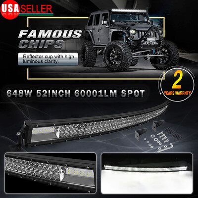 

52Inch 648W Curved 3-Row LED Work Light Bar Driving lamp Spot Flood Offroad SUV