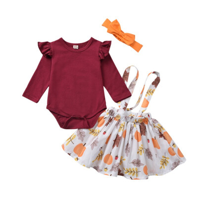 

Autumn Baby Girl Long Flare Sleeve Cotton Romper Strap Suspenders Skirts Headband Casual Outfits Set