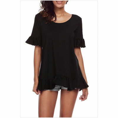 

Round neck short-sleeved ruffled hem trimmed solid color straight top casual top