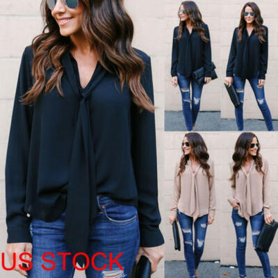 

Women Chiffon Solid Long Sleeve Blouse Summer Casual Loose Tops T Shirt Pullover