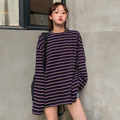 

Autumn Korean Tee Shirt Femme Sexy Loose Large Size T-shirt Round Neck Long Sleeve Thin Striped Casual T shirt