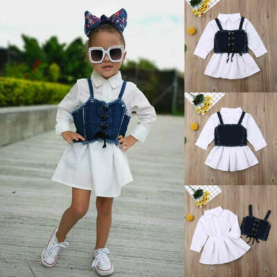 

Toddler Baby Girl Kids Long Sleeve Shirt Denim Skirt Dress Clothes 1-6Years 2PCS