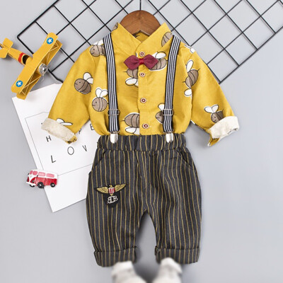 

Toddler Newborn Boy Autumn Outfits Long Sleeve Animal Print TopStrap Striped Trousers Casual Sets