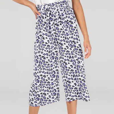 

Tailored Women Casual Elastic Band Belt Leopard Print Lady Calf-Length Wide Leg Pants