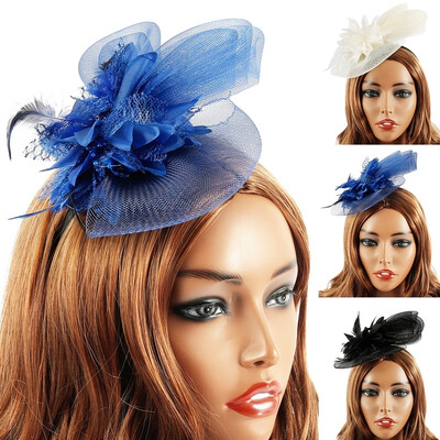 

Ladies Netting Mesh Big Blooming Flowers Feather Fascinator Hat Pompom Beaded Tea Party Wedding Bridal Hair Clip Headwear