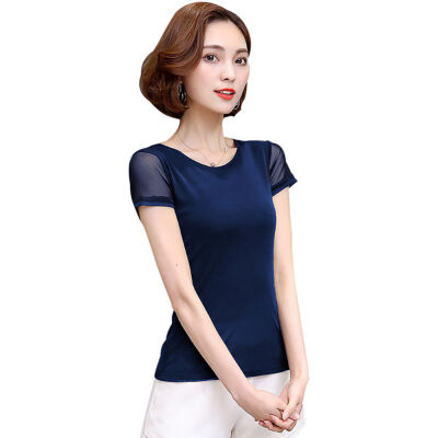 

Women Autumn Sexy Lace T-shirt Solid Color Short Sleeved Round Neck Tee Slim Lace Short Simple T-shirt Tops