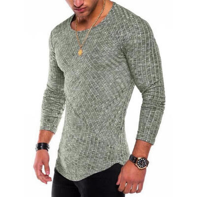 

2018 New Pit Strip Solid Color Stitching Arc Hem Bottoming Shirt Long Sleeve Round Neck Mens T-Shirt