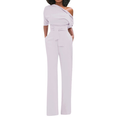 

Starmoon Womens Sexy Solid Off Shoulder Short Sleeve With Belt Slim Jumpsuit