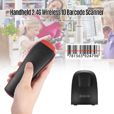 

Handheld 24G Wireless 1D Barcode Scanner Bar Code Reader with USB Cradle Receiver Charging Base Long Transmission Distance for Mo