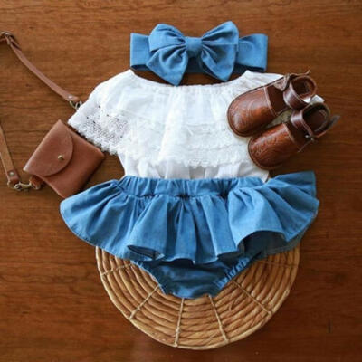 

Newborn Toddler Baby Girl Lace Ruffled TopsDemin Shorts Dress 3Pcs Set Outfits