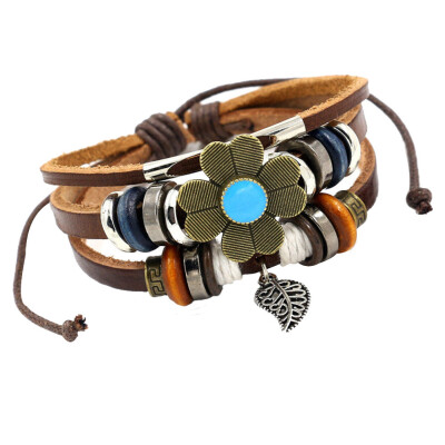 

Bohemian Style Bracelet Flower Coarse Bead Bracelet Woven Leather Wristband Bangle Braided Drawstring Bracelet for Men Women