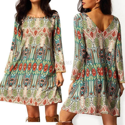 

Fashion Women Summer Boho Long Sleeve Party Evening Beach Short Mini Dress Hot