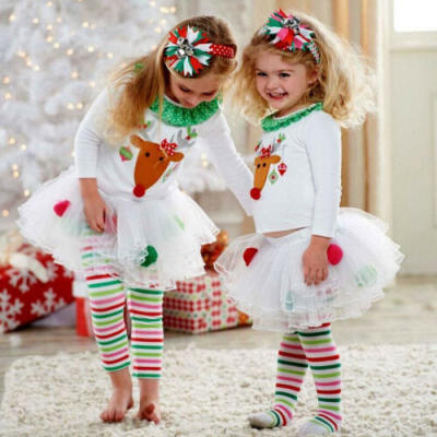 

Christmas Baby Kids Girls Deer Tops Tulle Tutu Leggings Pants Outfits