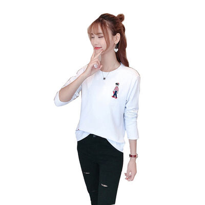 

Cartoon Print O-neck Korean Style Loose Long Sleeve T-shirts Women Wild Autumn Pullovers Simple Tops Female -2XL