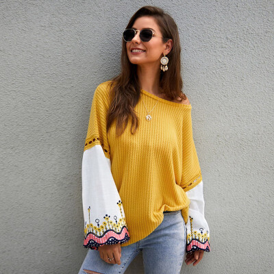 

Loose Sweater Women\s Simple Lantern Sleeve Knit Stitching Embroidery Lace Fashion Autumn Loose Round Neck Female Sweater