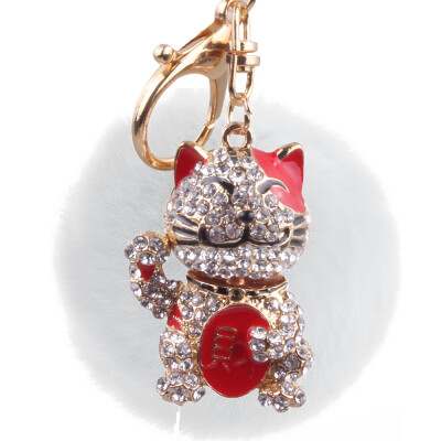 

New lucky cat hair ball key chain inlaid color diamond three-dimensional bag pendant car decoration